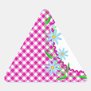Rosa Gingham & Blumen Hintergrund Triangle Aufkleb Dreieckiger Aufkleber