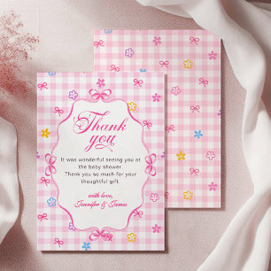Rosa Gingham-Blumen-Schleife Baby-Shower-Dankeskar Dankeskarte