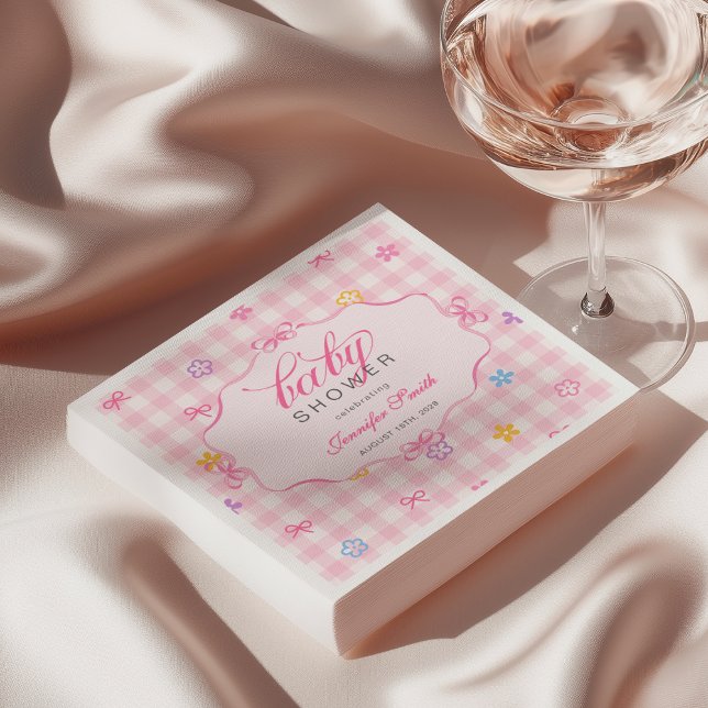 Rosa Gingham-Blumen-Schleife Baby Shower Serviette (Von Creator hochgeladen)