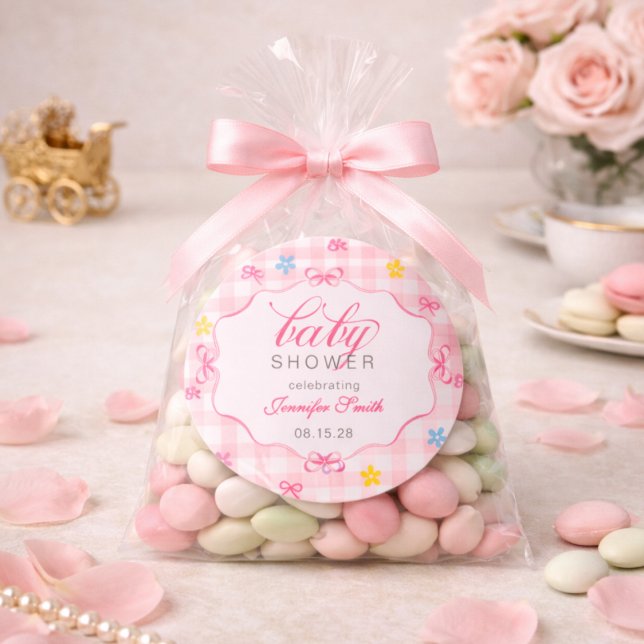 Rosa Gingham-Blumen-Schleifen-Baby-Shower-Aufklebe Runder Aufkleber (Von Creator hochgeladen)