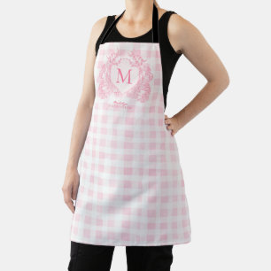 Rosa Gingham-Blumen-Wappen-Monogramm Schürze
