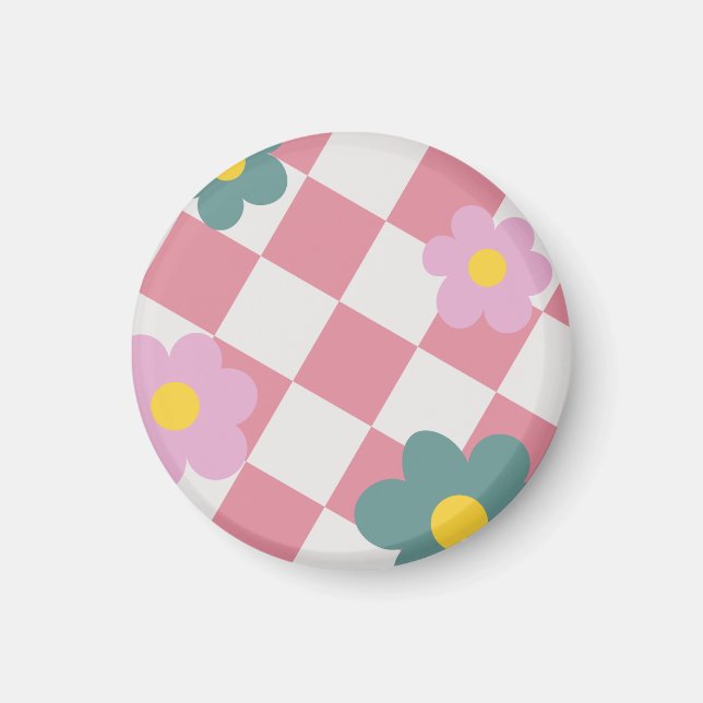 Rosa Gingham-Blumenmuster – Retro süße Blumen  Magnet (Vorne)