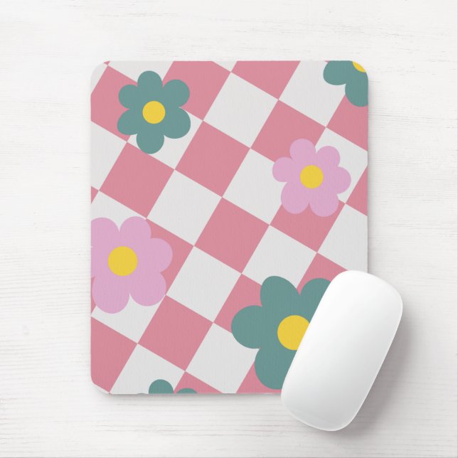 Rosa Gingham-Blumenmuster – Retro Süße Blumen  Mousepad (Mit Mouse)