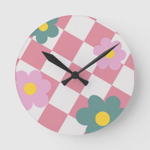 Rosa Gingham-Blumenmuster – Retro süße Blumen Runde Wanduhr