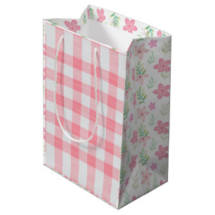 Rosa Gingham Blumenmuster Süßes Karomuster Mädchen Mittlere Geschenktüte
