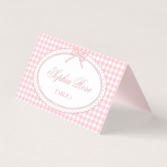 Rosa Gingham Coquette Bogen Tischdeko Namenskarte (Vorderseite)