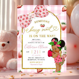 Rosa Gingham-Coquette-Erdbeere Süße Babyparty Einladung