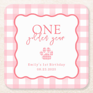 Rosa Gingham Ein goldenes Jahr Girls erster Geburt Rechteckiger Pappuntersetzer