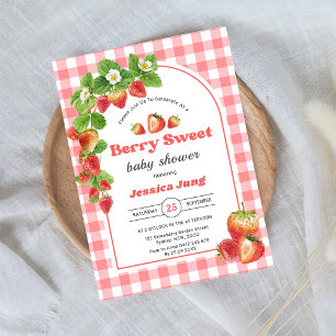 Rosa Gingham-Erdbeer-Baby-Party  Einladung