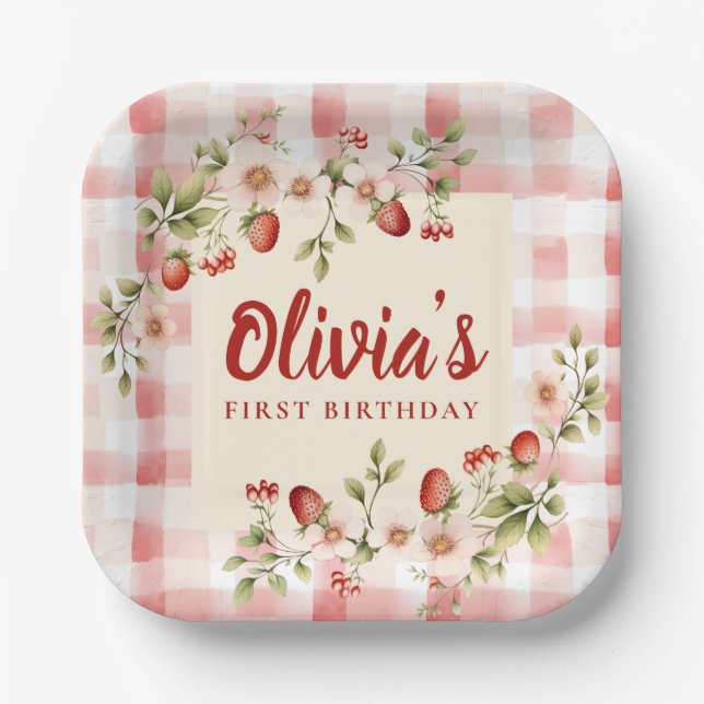 Rosa Gingham Erdbeer Blumen Geburtstag Pappteller (Vorderseite)