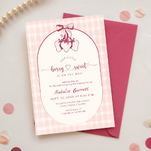 Rosa Gingham-Erdbeer-Schleifen-Baby-Party Einladung