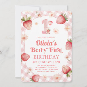 Rosa Gingham-Erdbeere 1. Geburtstag Einladung