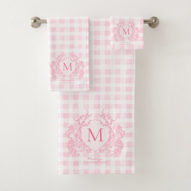 Rosa Gingham Floral Wappen Monogram Badhandtuch Set (Insitu)