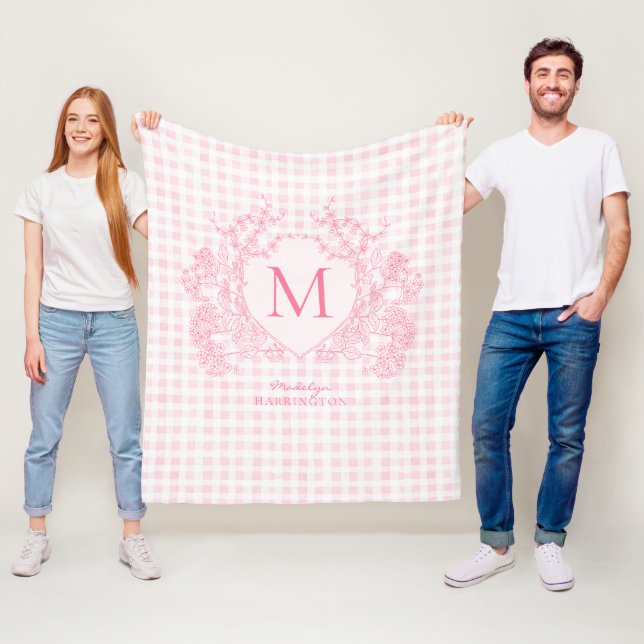 Rosa Gingham Floral Wappen Monogram Fleecedecke (Beispiel)
