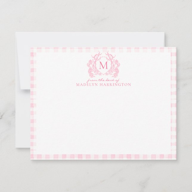 Rosa Gingham Floral Wappen Monogram Mitteilungskarte (Vorderseite)