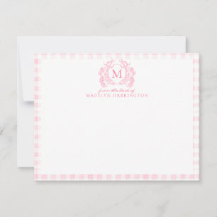 Rosa Gingham Floral Wappen Monogram Mitteilungskarte