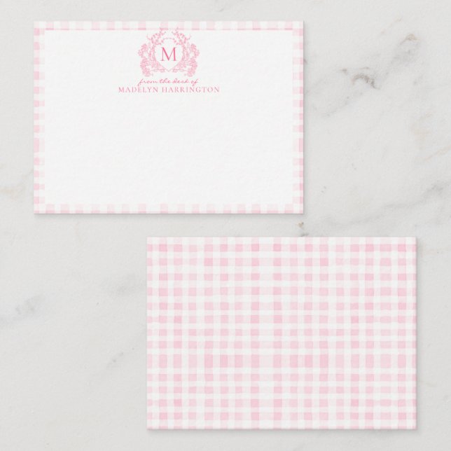 Rosa Gingham Floral Wappen Monogram Mitteilungskarte (Vorne/Hinten)