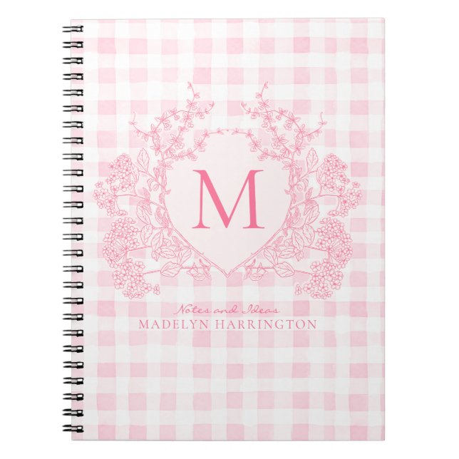 Rosa Gingham Floral Wappen Monogram Notizblock (Vorderseite)