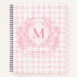 Rosa Gingham Floral Wappen Monogram Notizbuch