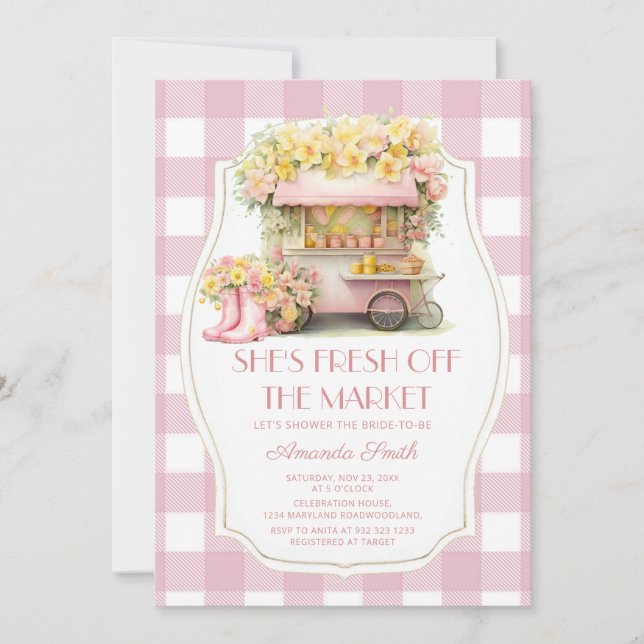Rosa Gingham Fresh Off The Market Brautparty Einladung (Vorderseite)