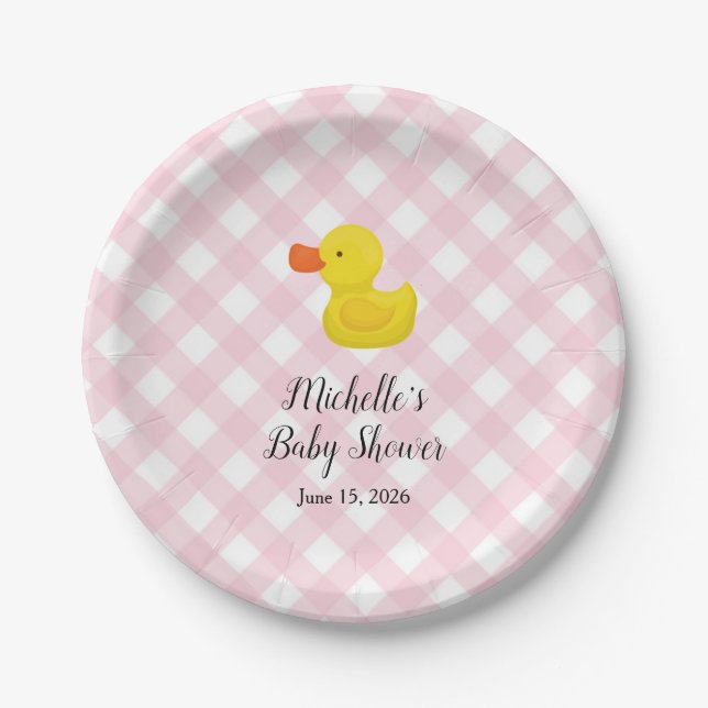 Rosa Gingham-Gummi-Enten-Baby-Party-Teller Pappteller (Vorderseite)