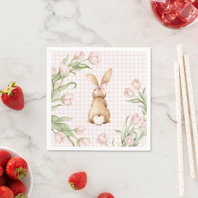 Rosa Gingham-Hasen-Tulpen-Blumenmuster  Serviette (Beispiel)