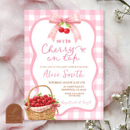 Rosa Gingham-Kariert Kirsche obenauf Baby Shower Einladung