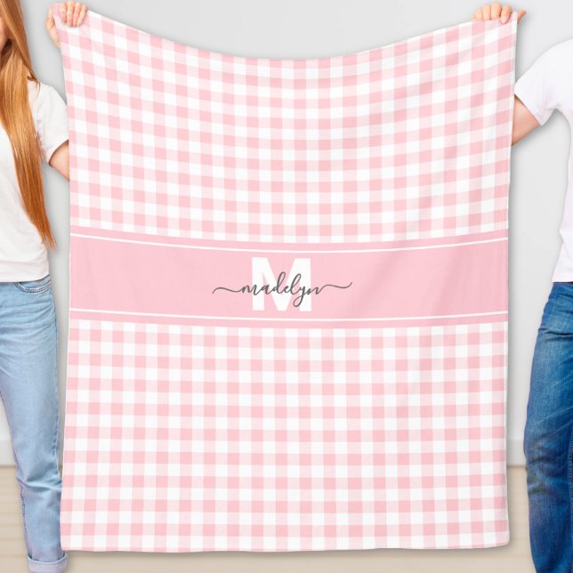 Rosa Gingham-Karo-Monogramm Fleecedecke (Pink Gingham Plaid Monogram Fleece Blanket )