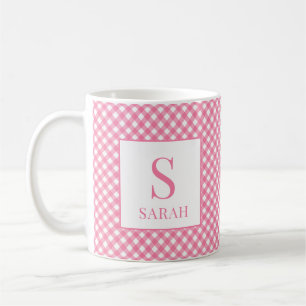 Rosa Gingham Karo Monogramm Name Kaffeetasse