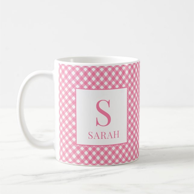 Rosa Gingham Karo Monogramm Name Kaffeetasse (Links)