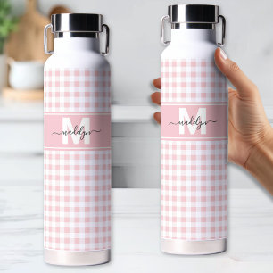 Rosa Gingham-Karo-Monogramm Trinkflasche