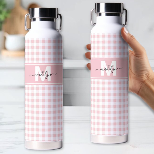 Rosa Gingham-Karo-Monogramm Trinkflasche (Blush Pink Gingham Plaid Monogram Water Bottle)