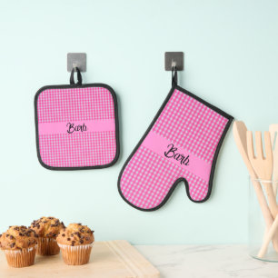 Rosa GIngham Karo personalisiert Ofenhandschuh & Topflappen-Set