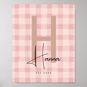 Rosa Gingham-Kindermerzimmer-Name-Initiale Poster