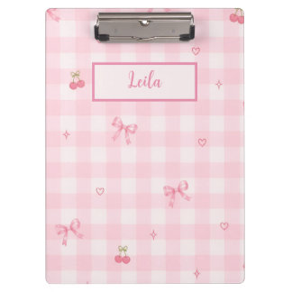 Rosa Gingham-Kirsch-Schleifen-Schriftzug-Design Klemmbrett