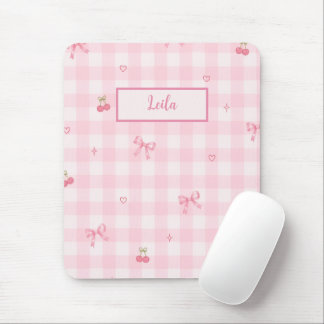 Rosa Gingham-Kirsch-Schleifen-Schriftzug-Design Mousepad
