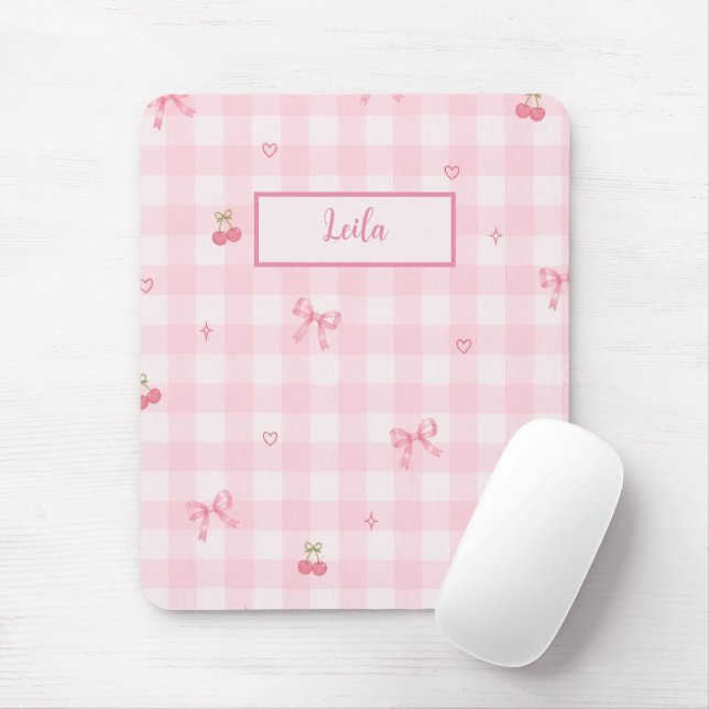 Rosa Gingham-Kirsch-Schleifen-Schriftzug-Design Mousepad (Mit Mouse)