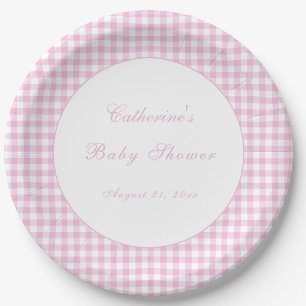 Rosa Gingham-Klassiker-Baby-Shower-Teller Pappteller