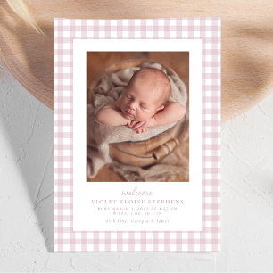 Rosa Gingham klassisch einfache süße zwei Foto Geb Ankündigung