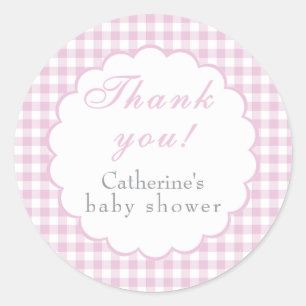Rosa Gingham Klassischer Baby Shower Aufkleber