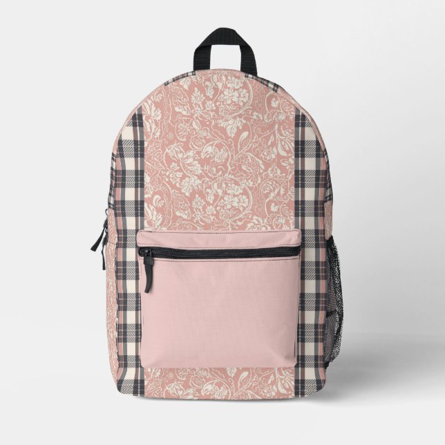 Rosa Gingham-Kunst mit Röte  Bedruckter Rucksack (Vorderseite)