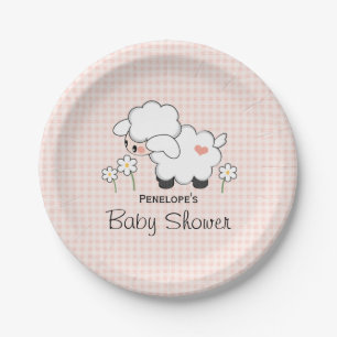 Rosa Gingham-Lamm-Baby-Dusche Pappteller