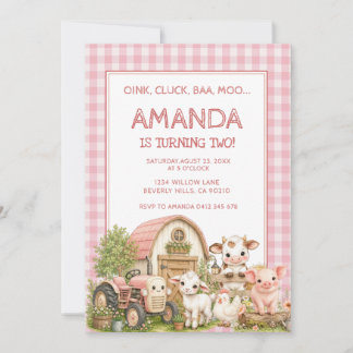 Rosa Gingham Mädchen Barnyard Party Tier Einladung