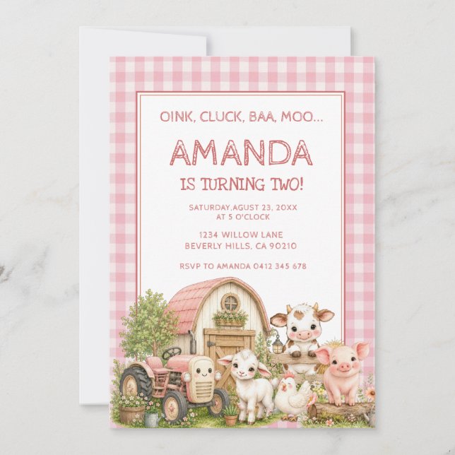 Rosa Gingham Mädchen Barnyard Party Tier Einladung (Vorderseite)