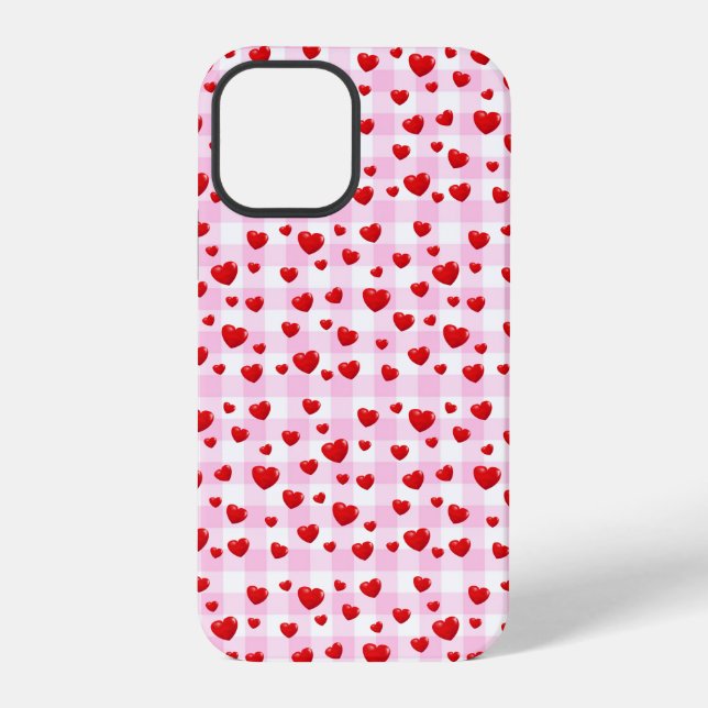 Rosa Gingham mit roten Herzen iPhone 12 Pro Hülle (Rückseite)