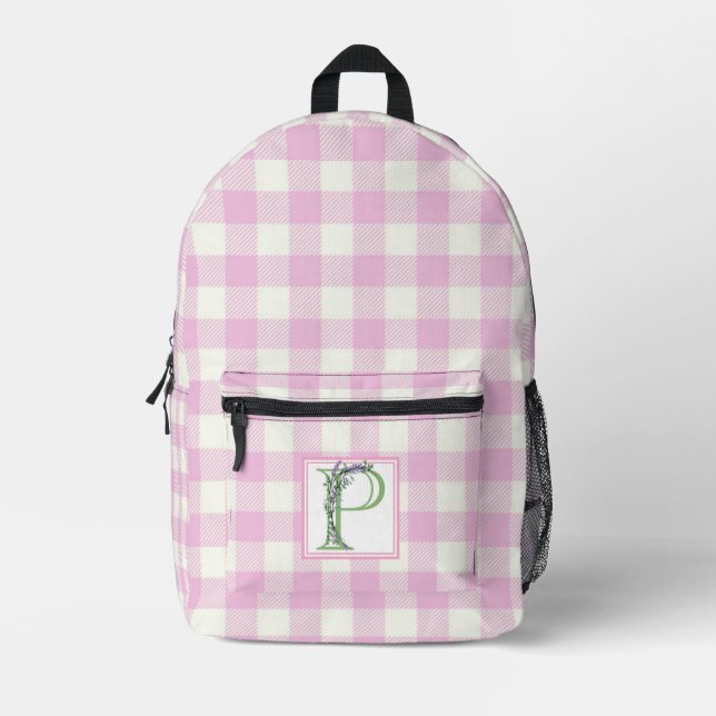 Rosa Gingham-Monogramm-Brief P Bedruckter Rucksack (Vorderseite)