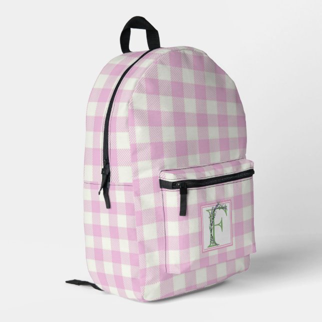 Rosa Gingham-Monogramm-Buchstaben F Bedruckter Rucksack (Rückseitige Ecke links)