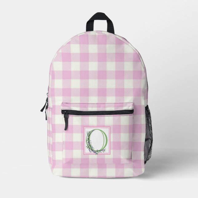 Rosa Gingham Monogramm Buchstaben O Bedruckter Rucksack (Vorderseite)