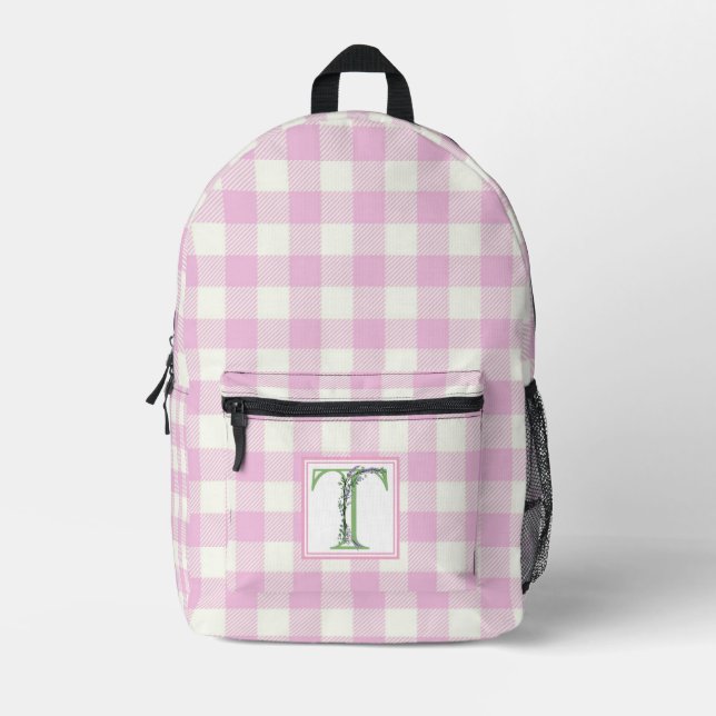 Rosa Gingham Monogramm Buchstaben T Bedruckter Rucksack (Vorderseite)