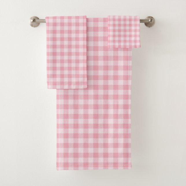 Rosa Gingham-Muster Mädchenhaft Kariert Kariert Badhandtuch Set (Insitu)